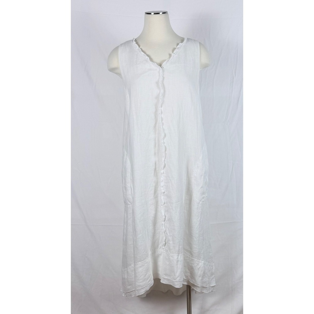 PureJill Elements Linen Shift Dress M White Ruffles Sleeveless Resort Coastal